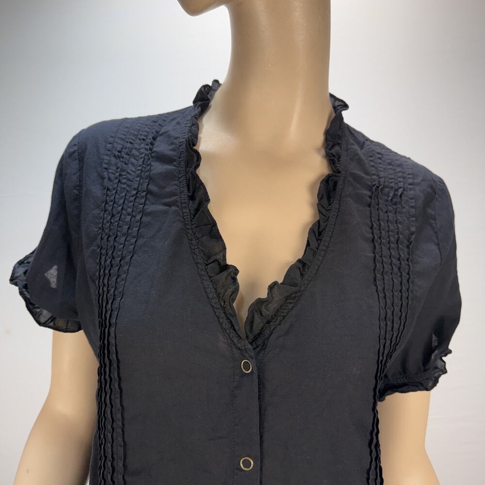 XCVI Ruffle Neck Button Up Shirt Dress Size L Black Gauze Cotton Short Sleeve - Picture 2 of 6